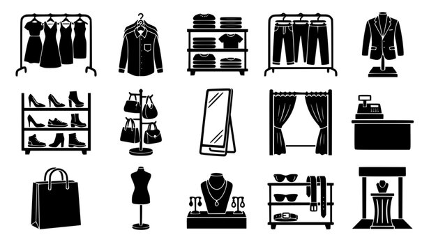 Black and white vector silhouette icons set of clothing store retail items including display racks hanger dresses shoes mannequin and cashier counter