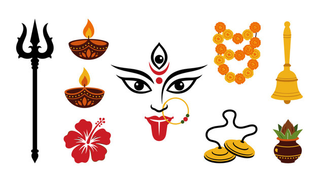 Set of Durga Puja and Kali Puja Vector Elements with Goddess Face Trishul Diya Hibiscus Flower Garland Handbell and Kalash Symbol Illustrations