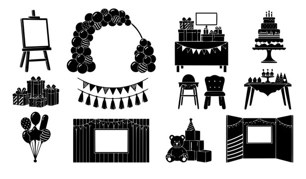 Black and white vector silhouette icons set of birthday party decorations event elements including balloon arch garlands cake table and photo booth