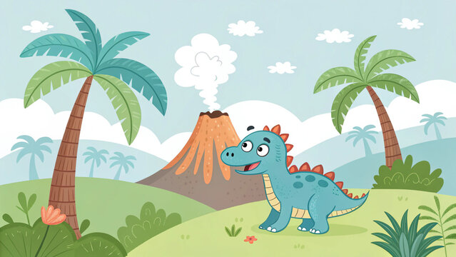 Cute cartoon dinosaur coloring page for kids prehistoric landscape with volcano and palm trees vector illustration
