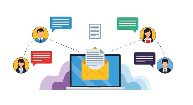Digital communication illustration showing a laptop with email messaging system connecting multiple diverse professionals through interconnected speech bubbles and document sharing flows