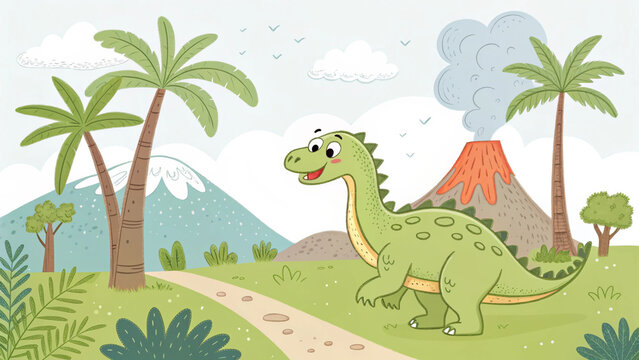 Cute cartoon dinosaur coloring page for kids prehistoric landscape with volcano and palm trees vector illustration
