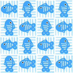 Cute Blue Fish Seamless Pattern Illustration on Striped Background
