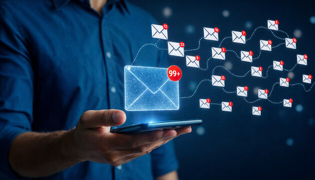 Man holding smartphone with holographic email alerts, showing incoming messages and communication overload, isolated on transparent background, digital concept.