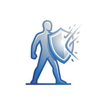 Stylized human figure holding a shield, symbolizing protection and defense against attacks.