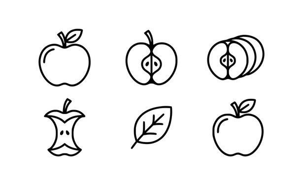 Apple Fruit and Leaf Outline Icon Set