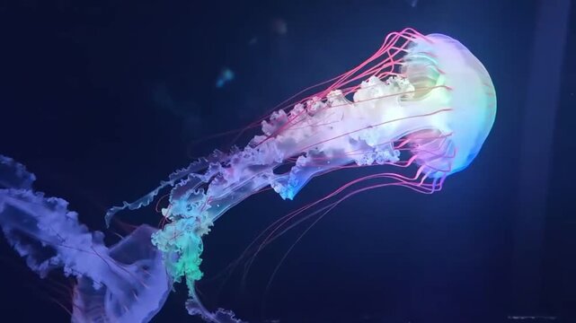 Bioluminescent Jellyfish Swimming Underwater with Flowing Long Tentacles in Dark Blue Water