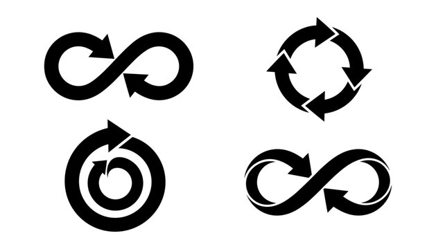 Infinity loop and circular process arrows vector set featuring repeating cycles continuous rotations ecology recycling and endless loading symbols.