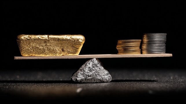 Gold bar and silver coins on a balanced scale representing wealth, value, and financial stability in a dark setting
