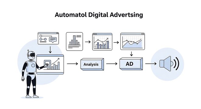 Modern conceptual illustration depicting an automated artificial intelligence workflow for digital advertising campaign management and data analysis optimization processes for marketing professionals