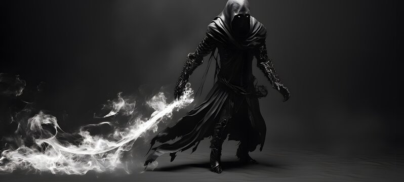 art of grim reaper ifrit a black and white high contrast full body,generative AI