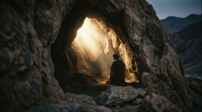 Sacred mountain sanctuary: Prophet Muhammad, divine Revelation, holy light, stone cave, prayer kneel, spiritual meditation, heaven glow, angel whisper, solitary worship, dark cavern.