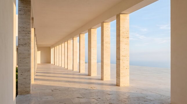 Modern travertine colonnade with repeating columns and long afternoon shadows.