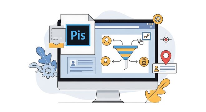 Digital marketing funnel visualization on computer monitor representing customer acquisition strategy and lead generation processes with data analytics iconography for professional business growth