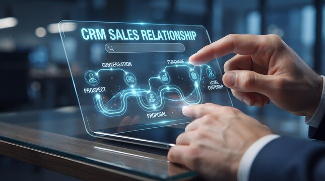 Business person using digital crm sales relationship software