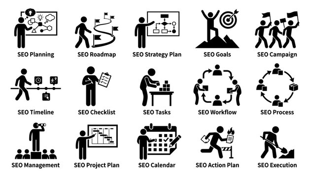 Set of seo icons representing various stages of search engine optimization process, including planning, strategy, workflow, and execution