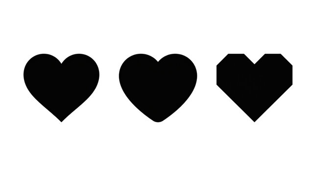 Three black heart icons, one faceted, isolated on transparent background for love