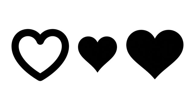 Three bold heart icons, one outlined, isolated on transparent background for love