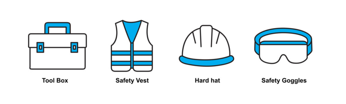 Flat icons depicting a toolbox safety vest hard hat and safety goggles in blue outlines