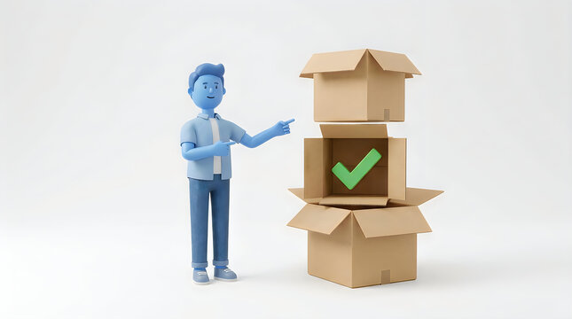 3d cartoon man pointing at cardboard boxes with green check illustration