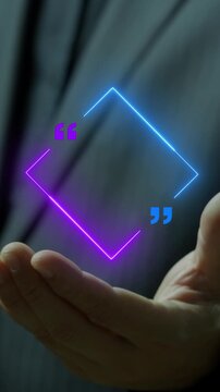 Businessman open hand vertical shot supporting glowing diamond rhombus quote frame mockup banner display. Customer review statement border layout and leadership quote template placeholder concept.
