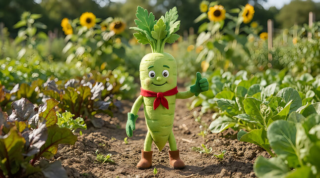 Cute cartoon radish character standing in a vegetable garden illustration