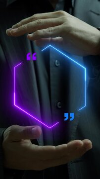 Businessman open hands vertical shot protecting glowing hexagonal quote textbox frame mockup overlay display. Testimonial statement border, dialogue space, and leadership quote template concept.