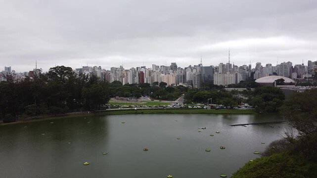 Drone footage Aerial view S&atilde;o Paulo view from Ibirapuera Park (Parque Ibirapuera) | Brasil