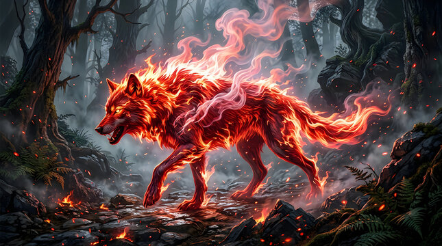 A fierce wolf made of bright orange fire walking through a dark and mysterious fantasy forest