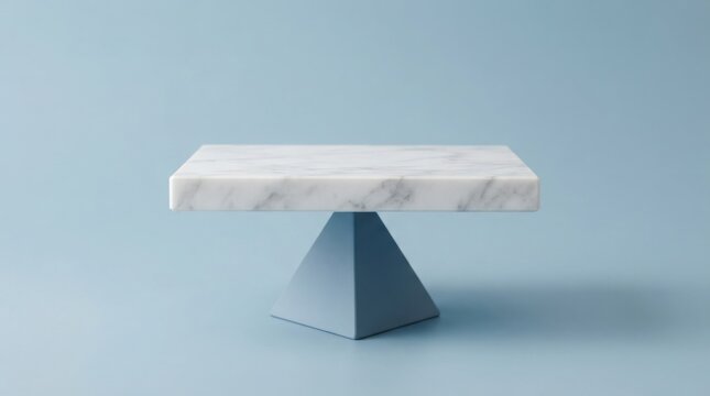 Modern marble cake stand with a blue pyramid base isolated on a light blue background for product display