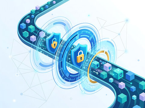 Data encryption and secure information transmission concept, illustrating a digital stream of data cubes passing through a protected gateway with shield and lock icons