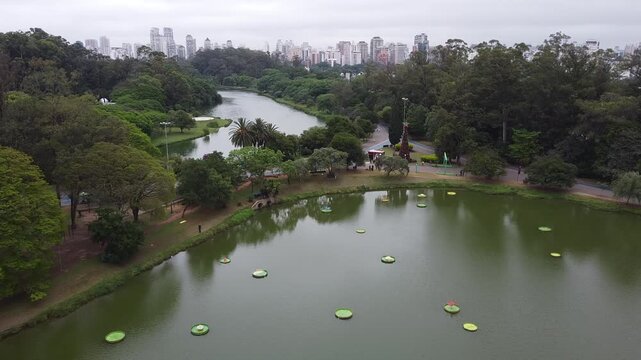 Drone footage Aerial view Ibirapuera Park (Parque Ibirapuera) in S&atilde;o Paulo | Brasil