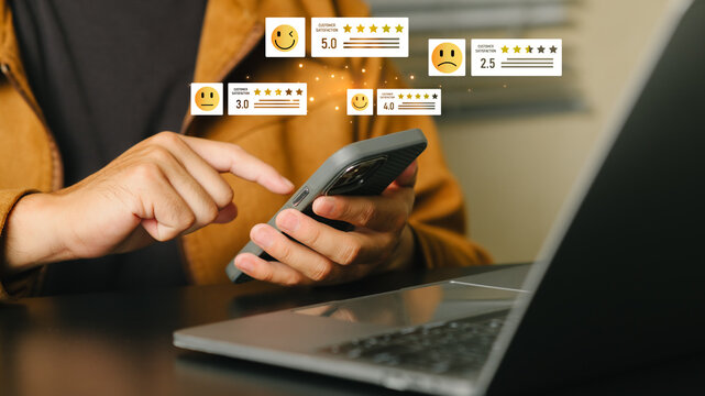 Businessman Analyzing Customer Ratings on Smartphone in Office Setting