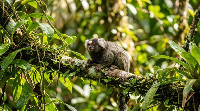 Small marmoset monkey sitting on tropical tree branch.