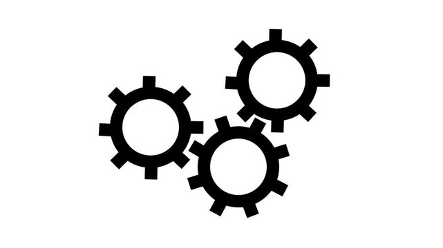 A graphical representation featuring black gear cogs against a pristine white backdrop.4k video three Inter locking gears on background.