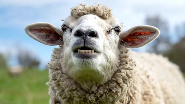 A close up portrait of a fluffy white sheep in nature