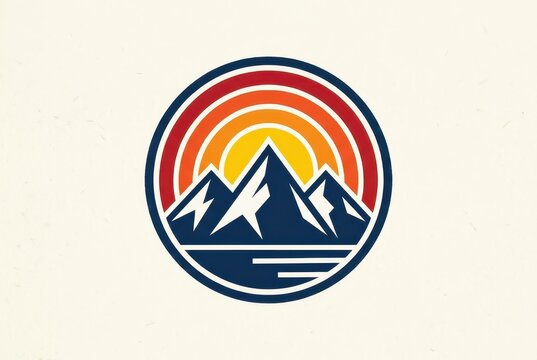 Retro Vintage Mountain Sunset Logo Emblem with Circular Sun Rays and Peaks Illustration for Outdoor Adventure Branding