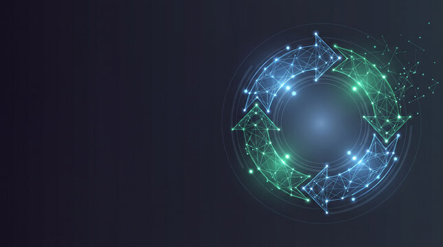 Circular feedback loop made of glowing blue and green plexus lines and nodes, iterative business process and continuous improvement concept on dark technology background with copy space