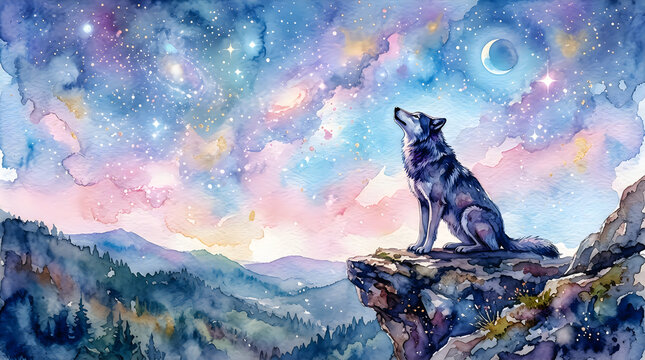 A lonely wolf sitting on a rocky cliff under a beautiful starry night sky with mountains