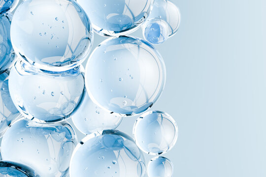 Abstract transparent blue bubbles with liquid, symbolizing hydration, skincare science, molecular research and biotechnology. Clean medical background for cosmetic and laboratory concepts