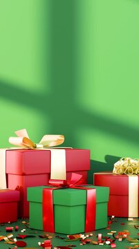 Christmas gift boxes with colorful ribbons and confetti, illuminated by sunlight with window shadows on a festive green background. New Year holiday celebration and advertising concept.