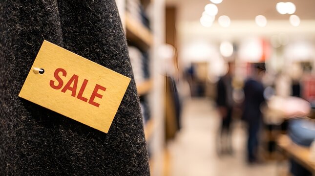 Sale tag on wool clothing in retail store, yellow price label on dark grey fabric, seasonal discount promotion in fashion boutique