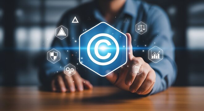 Hands holding a glowing copyright symbol representing intellectual property and legal protection