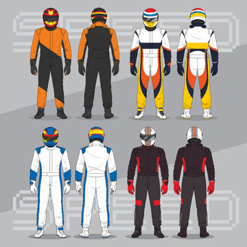 Racing Suit and Helmet Front and Back Illustration Set