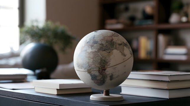 A classic globe sits on a dark wooden desk surrounded by books and soft natural light from a window