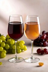 Fototapeta premium Elegant red and white wine glasses served with fresh grapes on a softly lit table for elegant setting