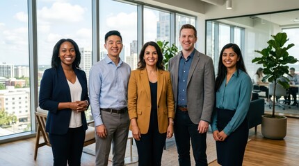 Fototapeta premium Diverse multiethnic business team smiling in modern high rise office