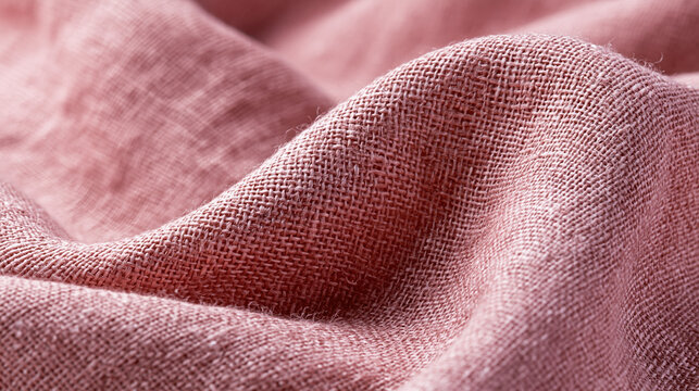 A macro shot of pink woven linen fabric with soft rolling folds