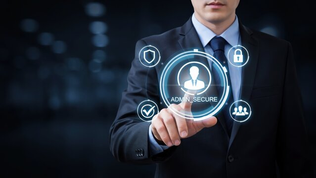 A businessman in a dark suit touches a glowing digital interface featuring an admin secure with security shields and lock symbols around it