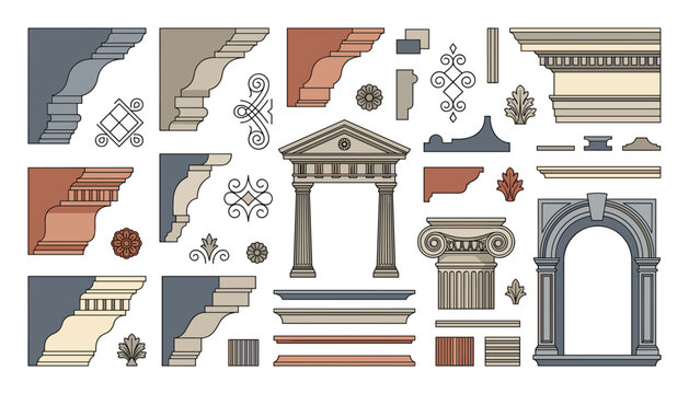Classical Architectural Element Vector Set Featuring Ancient Greek Columns Roman Arches Cornice Moldings Pediments and Decorative Ornaments for Building Design Illustrations